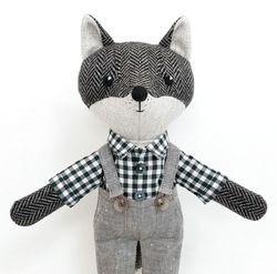 gray wolf boy, handmade plush wolf toy, wool stuffed doll