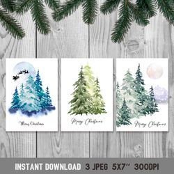 printable christmas card, watercolor green christmas trees digital files