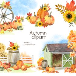 autumn pumpkin farm watercolor clipart, thanksgiving fall clip art, harvest pumpkins and sunflowers arrangements png