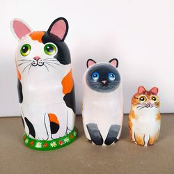 matryoshka cat tricolor original art wood cute cat nesting dolls cats wood art