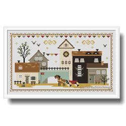 cross stitch pattern little village primitive sampler houses