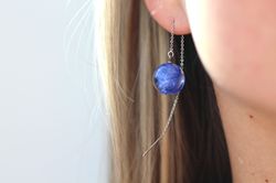 classic blue cornflower earrings - boho threader ball earrings for casual wear - crystal clear ball earrings for her - g