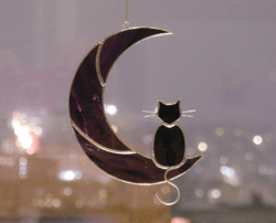 black cat on the purple moon . art stained glass window hanging suncatcher. gift for animal lover, pet loss memorial