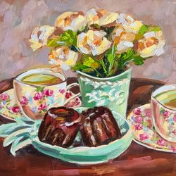 roses painting original art still life oil painting tea cup artwork