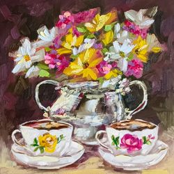 daisy painting original art still life oil painting coffee cup artwork