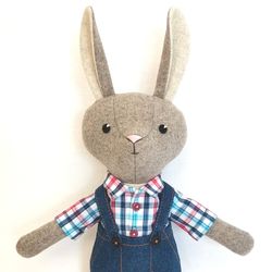 gray bunny boy, wool plush doll, handmade stuffed rabbit