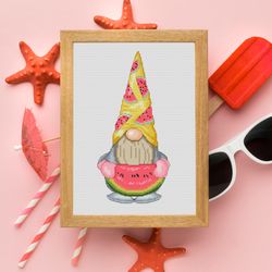 watermelon gnome, cross stitch pattern, counted cross stitch, summer cross stitch