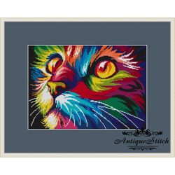 rainbow cat cross stitch pattern pdf modern funny animal color