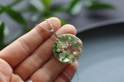 : antique resin green dried flowers necklace - boho & hippie necklace - classic stainless steel chain necklace