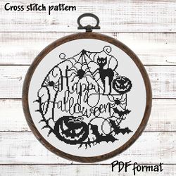 happy halloween cross stitch pattern modern, gothic cross stitch chart, diy halloween decor, funny xstitch design, easy