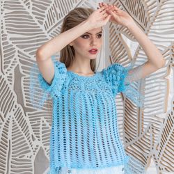 jumper crochet short sleeve sky blue color crocheted summer top. high-quality handmade.