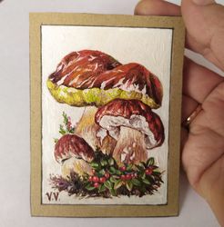 aceo original art white mushroom painting collection card 3,5x2.5 inches