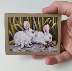 white rabbit aceo original art collection card animal mini painting artist trading cards