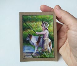 boy aceo original art fishman small painting collectible card artist trading cards 3.5x2.5 inches