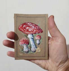 aceo original art fly agaric painting mushroom miniature botanical trading card