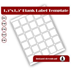 1.5 inch square template, square sticker template, square label template, svg, dxf pdf, psd, png, 8.5x11 sheet printable