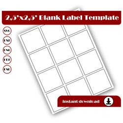 2.5 inch square template, square sticker template, square label template, svg, dxf, pdf, psd, png 8.5x11 sheet printable