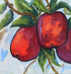 apples painting fruit original art oil painting on canvas panel 20cm by 20cm red apples on tree original painting