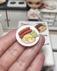 small food, micro, miniature, breakfast for doll, scrambled eggs, sausage, dollhouse miniature, mini food, food for doll