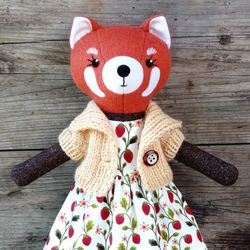 red panda girl, wool stuffed toy, red panda handmade plush doll