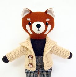 red panda boy, wool stuffed red panda, handmade plush doll