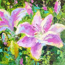 lily painting floral original art pink flowers oil painting small wall art