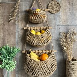 wall hanging fruit basket boho rv decor cottage decor kitchen storage three tiered basket space saving zero waste set