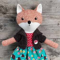 orange fox girl, handmade stuffed doll, red fox plush toy