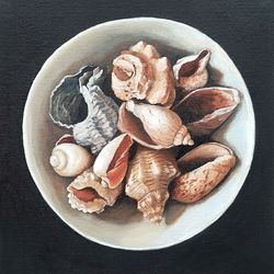 seashell painting, original art, still life painting, seashell artwork, 12 by 12 inch