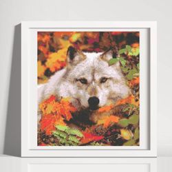 pdf file, cross stitch pattern, wolf in autumn leaves