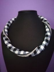 black white necklace , crochet beaded necklace tartan , modern necklace