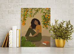 black woman printable wall art, black girl under tangerine tree, orange decor, african american art, melanin women art