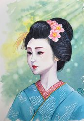 geisha painting, original japan watercolor art 12*8"