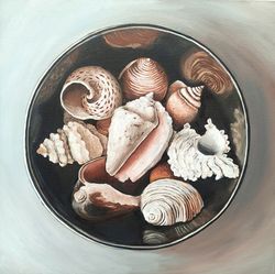 seashell painting, original art, still life painting, seashell artwork, 16 by 16 inch