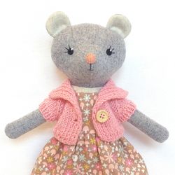 gray mouse girl, wool plush rat, handmade stuffed doll