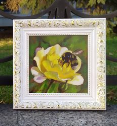 yellow rose painting bee artwork flower framed mini oil painting gift for mom