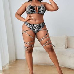 plus size leopard print haalter neck cut out lace up high waist bikini swimsuit beachwear swimwear bikini sets