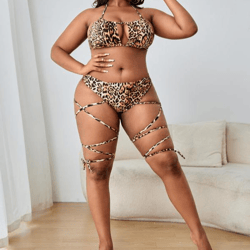 plus size leopard print haalter neck cut out lace up high waist bikini swimsuit beachwear swimwear bikini sets