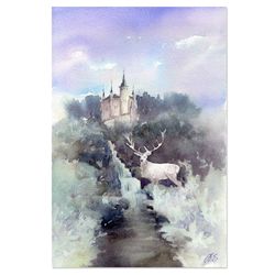 rune deer painting fantasy castle art original watercolor by yulia evsyukova