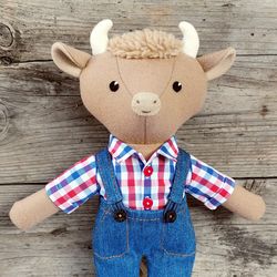 beige bull, stuffed fabric toy, handmade wool plush cow