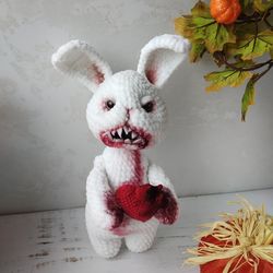 scary blood bunny art doll, plush devil rabbit, monster toothy horror bunny heart, killer creepy rabbit figurine,