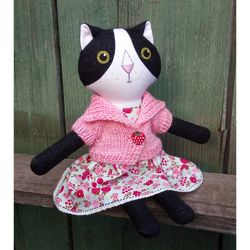 black and white cat girl, stuffed wool doll, handmade plush kitten toy