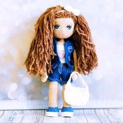 crochet doll in a denim vest and shorts.doll for a girl over three years old.birthday gift for a girl.eco-friendly toy.