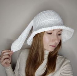 white bunny bucket hat with bunny ears fluffy bucket hat crochet gift for teens