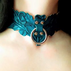 custom turquoise leather bdsm collar for submissive. oak leaves slave collar for women.