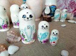 russian nesting dolls with baikal seals, matryoshka with animals, custom-made russian doll, mother's day gift