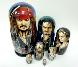 captain jack sparrow pirate decor nesting dolls, pirates of the caribbean, wooden russian dolls art painted, gifts