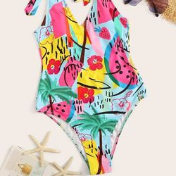 tropical fruit print v neck tie shoulder backless one piece swimsuit beachwear swimwear beach sea summer