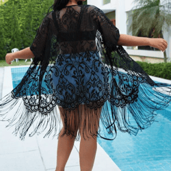 plus size batwing sleeve fringe trim knee length lace kimono cover up beachwear swimwear beach sea summer