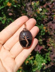 black onyx zen necklace for men, thoughtful gifts for him, copper vibrations, wire wrapped tree of life talisman pendant